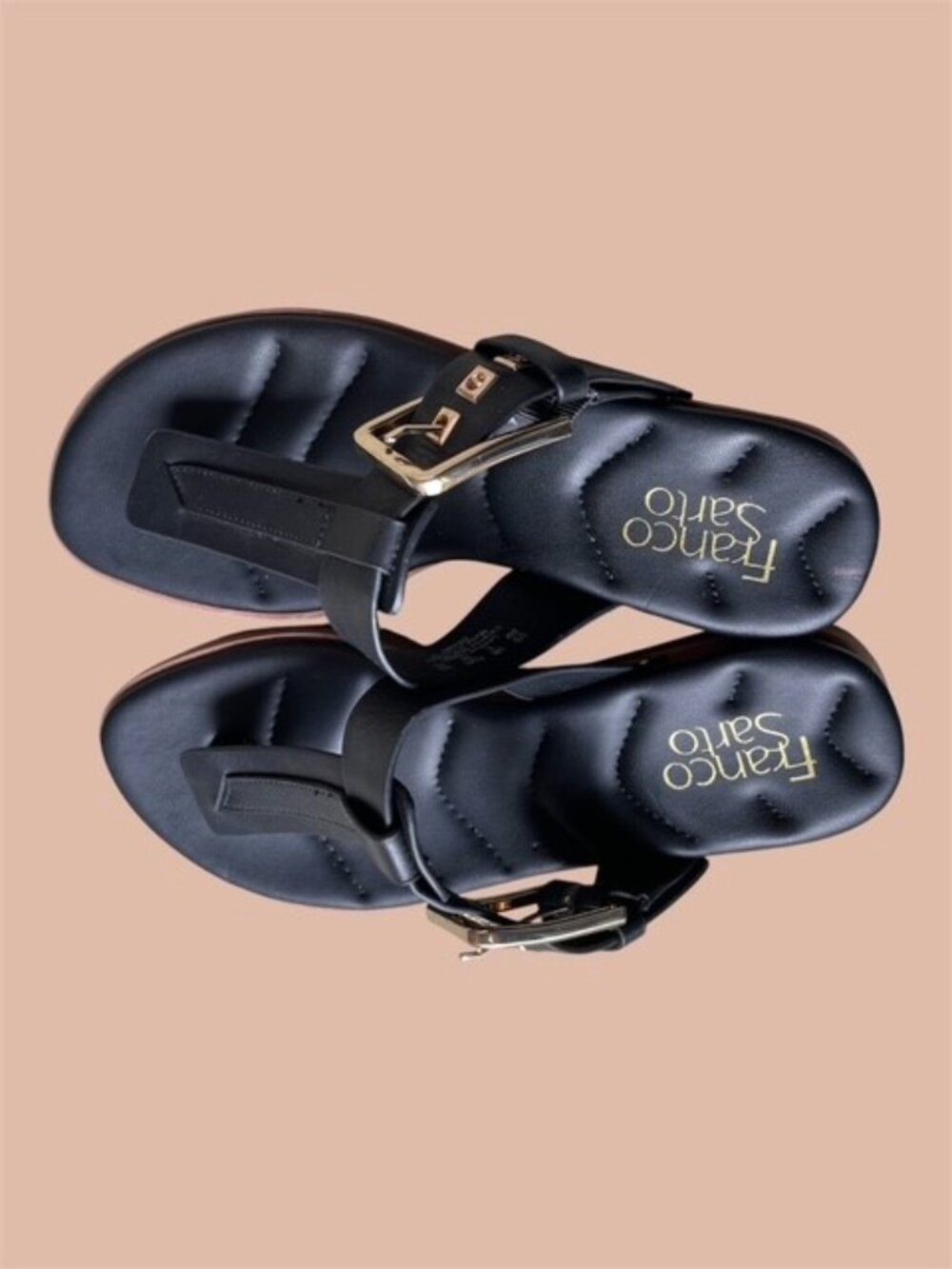 Franco Sarto Black Leather Slide Sandals with Gold Hardware Detail